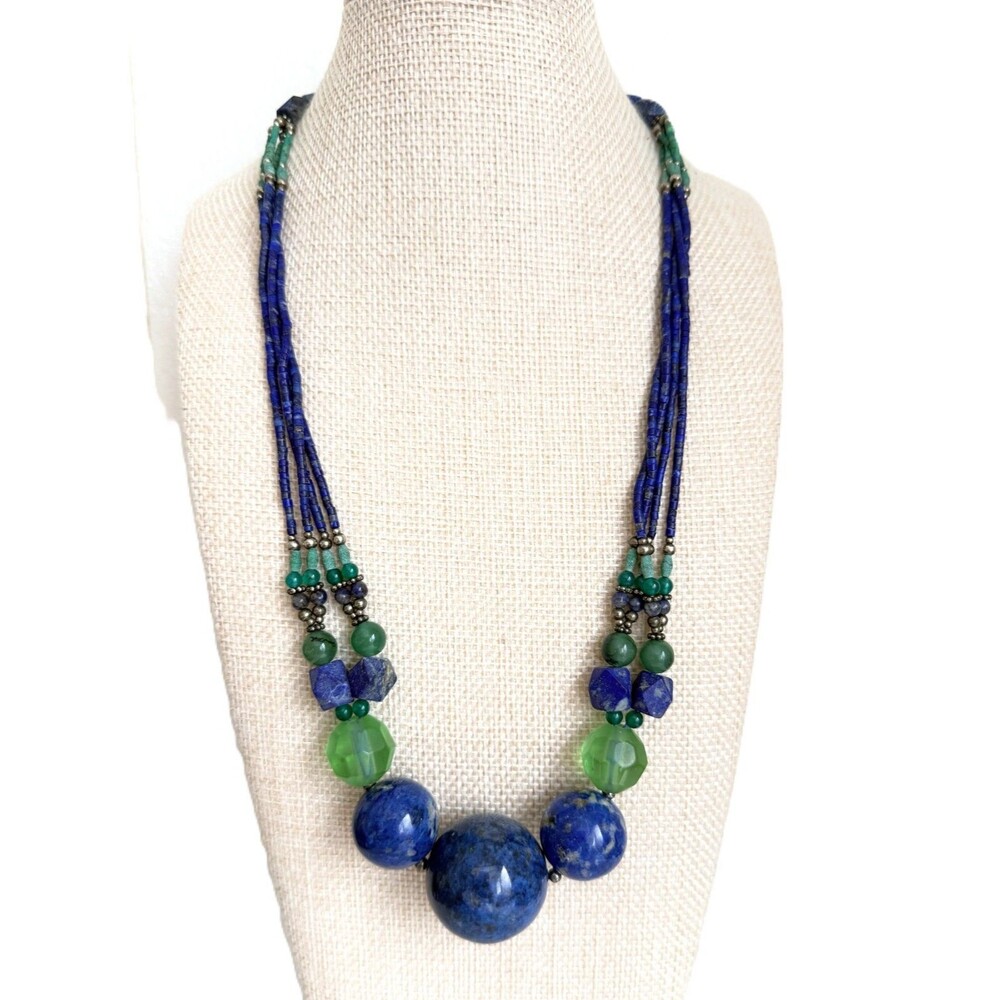 Vintage Sodalite Green Glass Multi Strand Chunky Statement Necklace